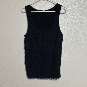 J. Crew‎ Solid Black Tank Top Sleeveless Textured Dot Crochet Overlay Layered M